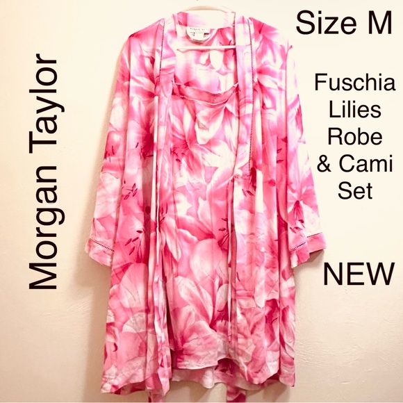 Morgan Taylor Pink Fuschia Lilies Robe Cami Set Intimates Home Lounge Sleepwear - Picture 1 of 9